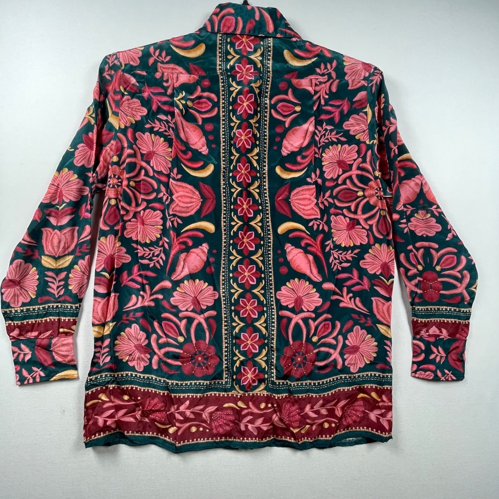 Farm Rio Womens Green Pink Floral Seashell Viscose Button Down Blouse Small - Picture 6 of 9